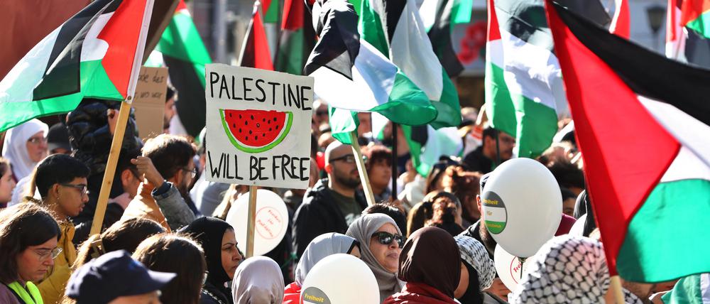 Eine Demonstrantin hält auf einer Pro-Palästina-Kundgebung ein Schild mit der Aufschrift „Palestine will be free“. (Symbolbild)