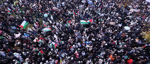 Zahlreiche Teilnehmer einer Pro-Palästina-Kundgebung gehen durch die Düsseldorfer Innenstadt. 