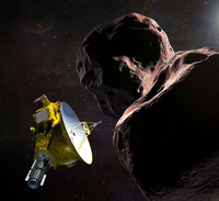 So könnte es aussehen, wenn «New Horizons» auf ein Objekt im Kuipergürtel trifft - und wenn die Sonde ein Begleitraumschiff dabei hätte, das ein Foto schießt. Illustration: Nasa/dpa