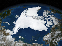 Jeden Sommer schwinden große Teile des arktischen Meereises (diese Aufnahme zeigt den Nordpol im August 2015). Auch jetzt im Herbst sind noch große Areale eisfrei, etwa die Karasee. Foto: dpa
