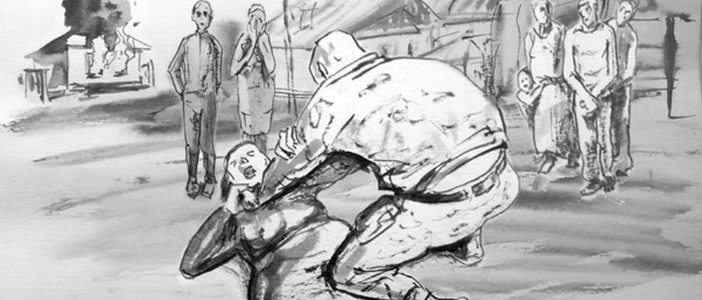 Illustrationen zu einem Bericht über sexuelle Gewalt im russischen Angriffskrieg ein, den das Pilecki-Institut gemeinsam mit dem „Raphael-Lemkin-Zentrum für die Dokumentation von russischen Verbrechen in der Ukraine“ erstellt hat.