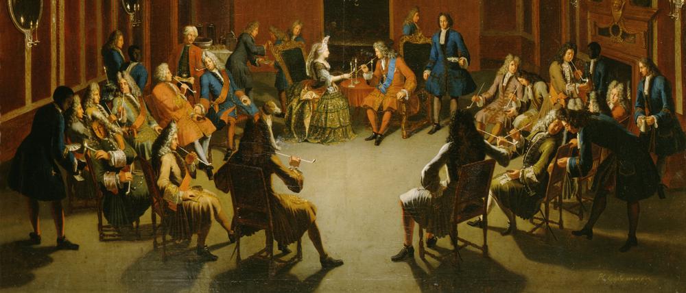 Paul Carl Leygebe Gemälde „Das Tabakskollegium König Friedrichs I. in Preußen (1657–1713). Am Rand sind Schwarze Diener zu sehen.