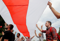 Demonstranten in Belarus schwenken Fahnen, aber nicht die EU-Flagge. Foto: Vasily Fedosenko/REUTERS