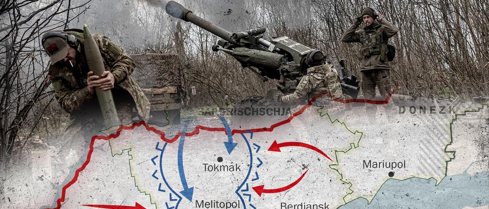 Ukrainische Soldaten feuern mit Artillerie bei der Verteidigung der Stadt Bachmut