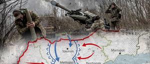 Ukrainische Soldaten feuern mit Artillerie bei der Verteidigung der Stadt Bachmut