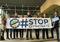 Vertreter der europäischen Bürgerinitiative gegen Glyphosat demonstrieren im Oktober 2017 in Brüssel mit einem Transparent. Foto: Oliver Beckhoff/dpa