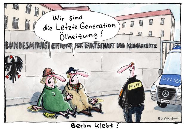 2. Preis Karikatur: Burkhard Fritsche hat sich dem Thema Klimakleber und Heizungsgesetz amüsant aus der Perspektive einer anderen Generation genähert.