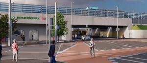 So soll die Bahnhofstraße am Bahnhof Köpenick nach dem Umbau 2027 aussehen. Die Brücke wird auf 19 Meter erweitert