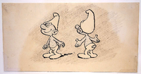 Eine frühe Skizze des Schlumpf-Erfinders Pierre Culliford, besser bekannt unter dem Künstlernamen Peyo. Eigentlich wollte der belgische Cartoonist die Schlümpfe 1958 nur als Nebenfiguren in einer Folge seines Comics "Johann und Pirlouit" auftreten lassen. Doch dem Publikum gefielen sie so gut, dass Peyo eine eigene Serie entwickelte.