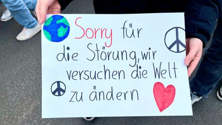 „Sorry für die Störung, wir versuchen die Welt zu ändern.“ Plakat einer jungen Demonstrantin, gesehen in Steglitz-Zehlendorf.
