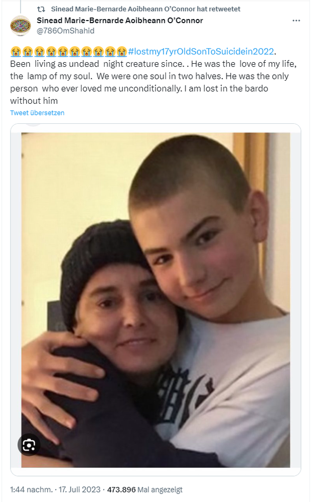 In einem Twitterpost teilte Sinead O’Connor kurz vor ihrem Tod, wie sehr sie der Tod ihres Sohnes belastete.