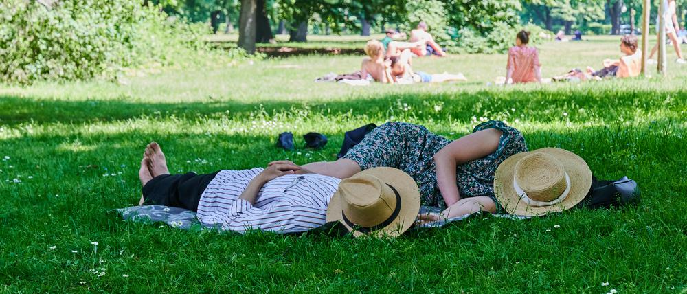 Zwei Menschen liegen mit Strohhut über dem Gesicht im Schatten eines Baumes im Berliner Tiergarten.