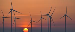 Der Sonnenaufgang ist am frühen Morgen hinter einem Windenergiepark im Landkreis Oder-Spree im Osten des Landes Brandenburg zu sehen.