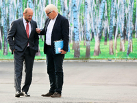 Da waren die Probleme noch überschaubar: Der damalige Bundesaußenminister Frank-Walter Steinmeier (rechts) und der damalige Präsident des Europäischen Parlamentes, Martin Schulz (beide SPD), im August 2014 am Rande einer Klausurtagung. Foto: Stephanie Pilick/dpa