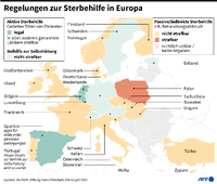 Karte mit Sterbehilfe-Regelungen in Europa (Mausklick zur Vergrößerung). Foto: AFP/Nadine Ehrenberg