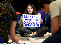 Eine britische Studentin hält ein Plakat mit der Aufschrift Brexit? More like Brexshit in die Kamera. Foto: mauritius images
