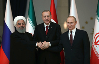Am 4. April 2018 in Ankara: Hassan Ruhani, Präsident vom Iran, Recep Tayyip Erdogan, Staatchef der Türkei, und Wladimir Putin, Präsident von Russland. Bozoglu/Pool EPA/AP/dpa