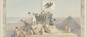 Die Mitglieder der Expedition auf der Cheops-Pyramide, Aquarell, Johann Jakob Frey und Max Weidenbach, Oktober 1842.
