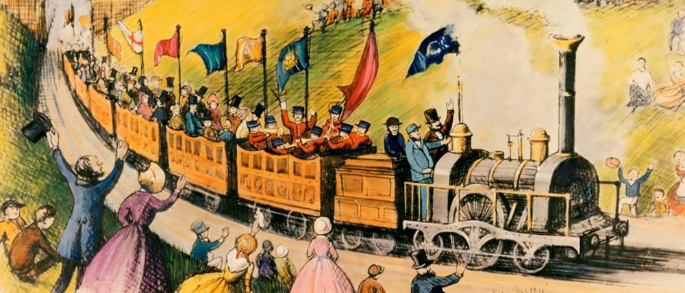 Zeitgenössische Darstellung der Zugfahrt von 1841, organisiert von Thomas Cook, mit der er einige Hundert Menschen zu einem Abstinenzlertreffen brachte und damit veranstalte, was vielen als erste Pauschalreise gilt. 
