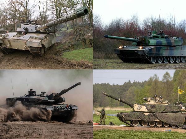 Panzer für die Ukraine sind ein seltenes Beispiel dafür, dass Europa der Ukraine militärisch mehr zu bieten hat als die USA. Von links oben nach rechts unten: ein britischer  Challenger, ein französischer Leclerc, ein deutscher Leopard und ein amerikanischer Abrams. 