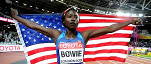 Tori Bowie aus den USA jubelt über ihren Sieg im 100 m Finale der Frauen 2017 in London.