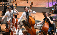 Musik ist Identität. Die Kontrabassisten haben beim Konzert in der Berliner Philharmonie Fähnchen an ihre Instrumente gesteckt. Foto: AFP/Tobias Schwarz