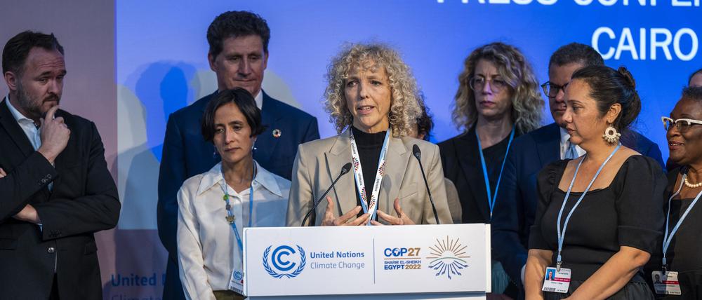 Jennifer Morgan, Sonderbeauftragte für internationale Klimapolitik des Auswärtigen Amtes, spricht bei einer Pressekonferenz beim UN-Klimagipfel COP27. 