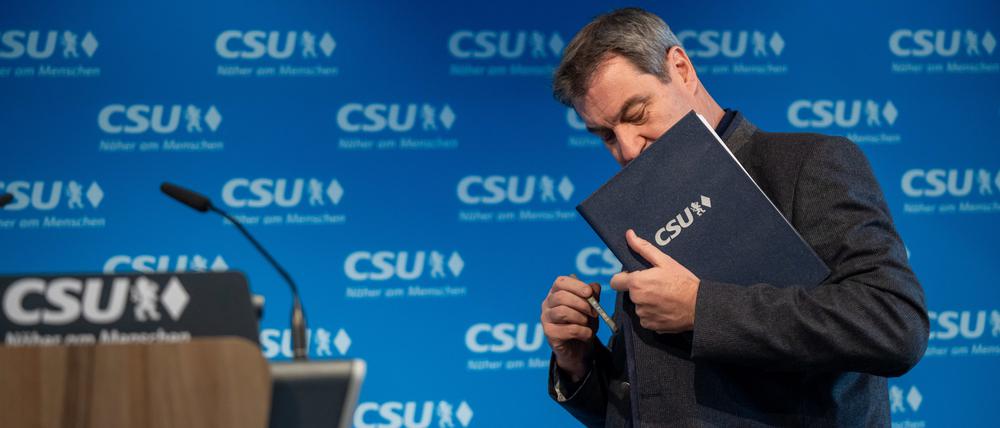Markus Söder, CSU-Vorsitzender und Ministerpräsident von Bayern, nimmt an einer virtuellen Videokonferenz des CSU-Vorstands teil.