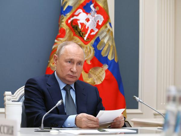 Auf diesem, vom staatlichen russischen Nachrichtenportal Sputnik herausgegebenen Bild nimmt Putin per Videokonferenz an einem außerordentlichen G20-Gipfel teil. 