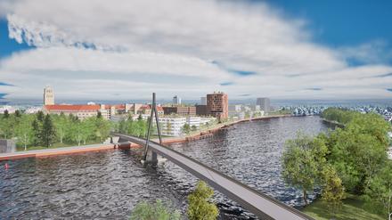 Das Gewerbequartier Behrens-Ufer in Oberschöneweide soll mit einer neuen Brücke angebunden werden. Die Gebäudeansichten sind bislang nur Platzhalter. Ein Architekturwettbewerb wird vorbereitet.