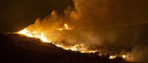 Nahe der Ortschaft Vati im Süden der Insel Rhodos steht ein Wald in Flammen. 