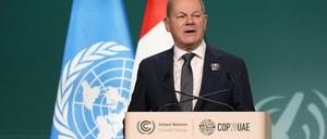 Bundeskanzler Olaf Scholz (SPD) spricht während der Weltklimakonferenz der Vereinten Nationen (COP28) . 