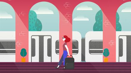 Eine Frau mit Koffer wartet auf ihren Zug – klimafreundliches Reisen spielt bei vielen Menschen eine wachsende Rolle.