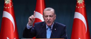 Der türkische Präsident Recep Tayyip Erdogan gestikuliert, während er nach einer Kabinettssitzung im Präsidialkomplex in Ankara eine Erklärung abgibt (Archivbild).
