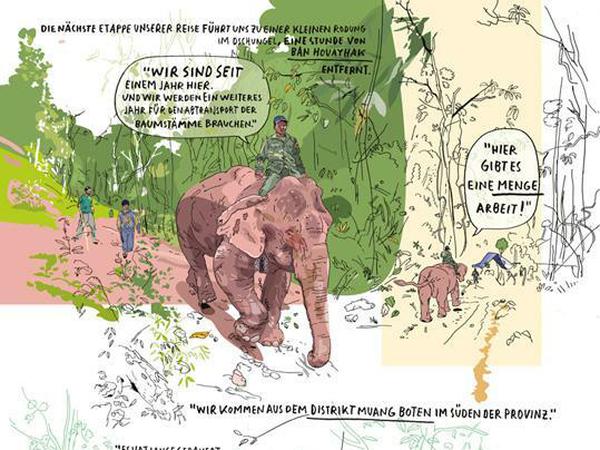 Respektvoll. Eine Seite aus Olivier Kuglers "Mit dem Elefantendoktor in Laos". 