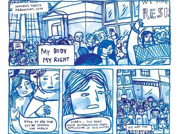 My Body, my Right: Eine Seite aus dem Beitrag von Asma Al Abidi (Text) und Ilki Kocer (Zeichnungen). 