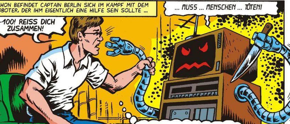 Mitten im Mediendiskurs: Eine Szene aus „Captain Berlin gegen den horriblen VHS-Mann“.