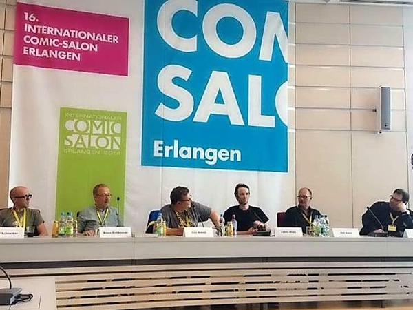 Auf dem Podium: Ralf Schneider (Egmont), Klaus Schikowski (Carlsen), Lutz Göllner, Lukas Wilde (Comic Solidarity), Dirk Rehm (Reprodukt), Bodo Birk