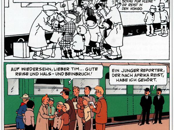 Viele Panels wurden von Hergé überarbeitet, bevor sie in Albenform erschienen. Für Komplettansicht auf das Kreuz klicken.