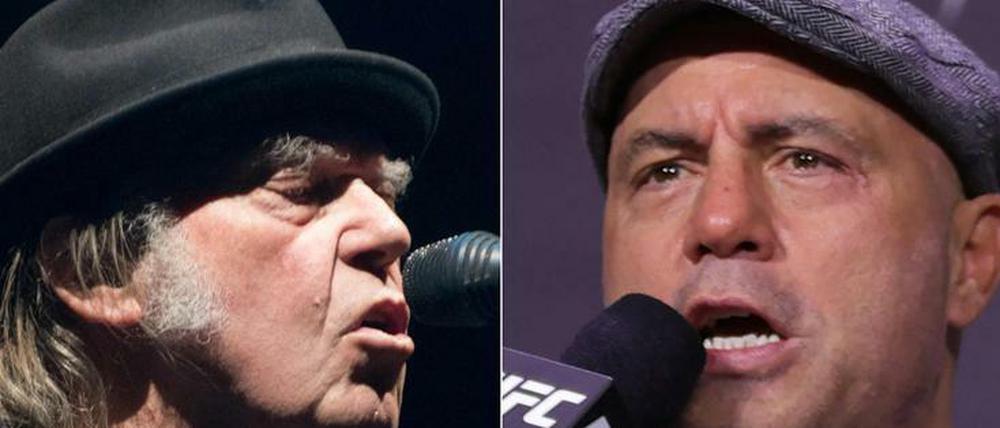 Links: Sänger Neil Young bei einem Konzert in Quebec 2018. Rechts: Joe Rogan bei der UFC Meisterschaft in Las Vegas. 2021.