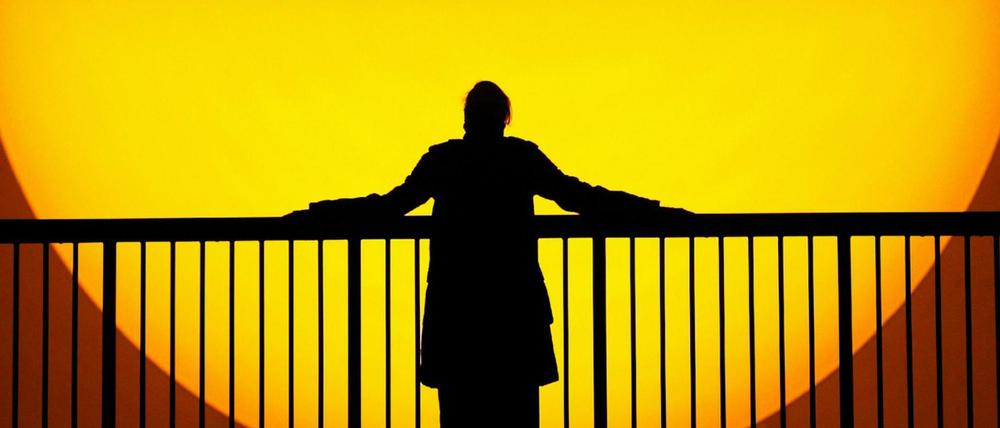 Die Silhouette einer Frau vor der Projektion einer gigantischen Sonne. Die Installation von Olafur Eliasson war erstmals 2003 in der Tate Modern zu sehen.. 