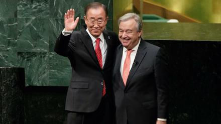 The new UN secretary general António Guterres (right) with his predecessor Ban Ki Moon. 