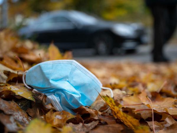 Eine Gesichtsmaske liegt am Straßenrand im Herbstlaub.