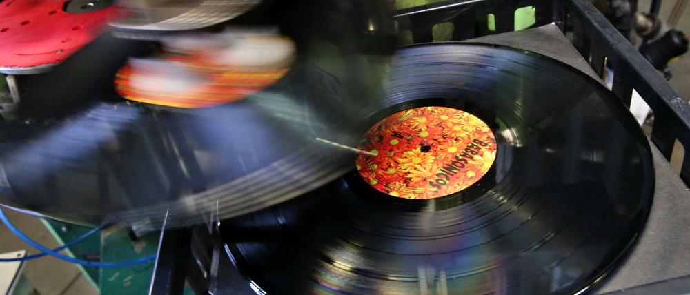Eine frisch gepresste Schallplatte verlässt das Presswerk von Celebrate Records in Stollberg (Sachsen). Laut dem Bundesverband Musikindustrie wurden 2014 rund 1,8 Millionen Platten für 38 Millionen Euro verkauft, so viele wie seit 1992 nicht. 
