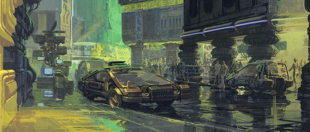 Megalopolis bei Nacht: Die ikonische Gouache-Zeichnung "Downtown Cityscape" für das Setdesign von „Blade Runner“. 