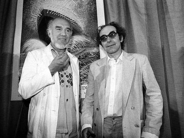 Piccoli und Regisseur Jean-Luc Godar 1982 bei den Filmfestspielen in Cannes, bei der Vorstellung von Godards "Passion" .
