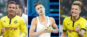 Bayerische Neuverpflichtungen: Mario Götze (links) kommt sicher, Justin Bieber (Mitte) und Marco Reus zieren sich. Noch.