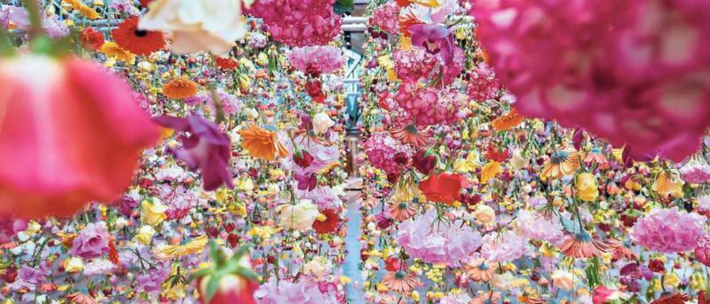 Ein Himmel voller Blüten. Für die Installation von Rebecca Louise Law im Bikini Berlin wurden Rosen, Hortensien, Gerbera, Freesien und Orchideen verwendet.