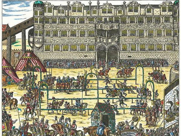 Reiterspiele am Schloss. Der um 1592 entstandene Kupferstich zeigt den Stechbahnflügel des Renaissanceschlosses anlässlich eines Ringrennens.