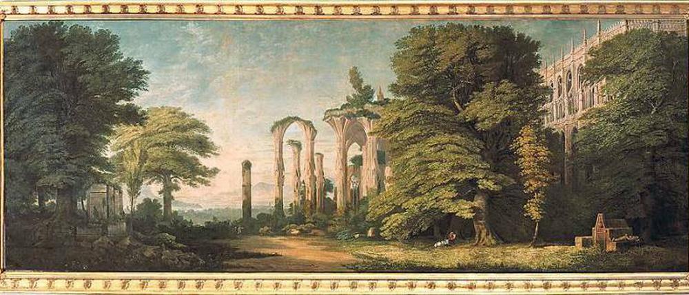 Nationale Wiedergeburt. „Gotische Klosterruine und Baumgruppen“ entstand 1809, zur Zeit der napoleonischen Besatzung. Es ist mit sechs Metern Breite Schinkels größtes Gemälde. 